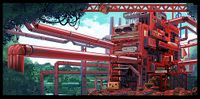 Concept artwork from Donkey Kong Country Returns showing a factory with many features based on components of some Nintendo home consoles. There is a hidden character at the right of the artwork.