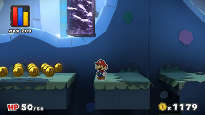 Mario near 11 Coins in Indigo Underground of Paper Mario: Color Splash.
