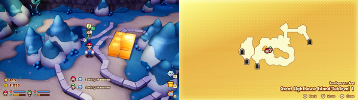 Mario and Luigi near wooden crates containing a Boo Biscuit, 2 Coins and a Five Coin on Great Lighthouse Island of the Lushgreen Sea of Mario & Luigi: Brothership.
