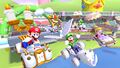 Mario, Luigi, Peach, Bowser, and Yoshi gliding on the course