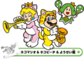 Icon for a coloring sheet featuring Cat Mario, Cat Peach, and the green Sprixie Princess playing musical instruments