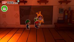 Mario pulling on a King Tape to free the Origami Craftsman