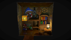 Mario next to the Shine Sprite in Bobbery's house in the remake of the Paper Mario: The Thousand-Year Door for the Nintendo Switch.