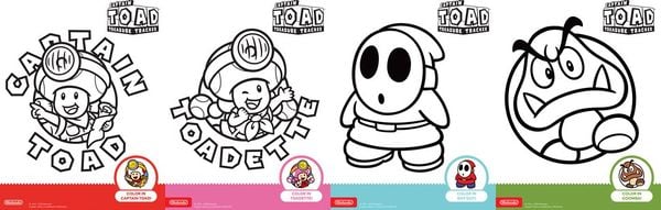 Printable Captain Toad: Treasure Tracker coloring sheets featuring Captain Toad, Toadette, Shy Guy and Goomba
