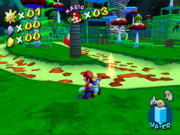 Mario in Pianta Village with only one Shine Sprite in the game Super Mario Sunshine.