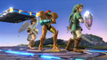 Link, Samus, and Pit stand idle on the Battlefield stage.