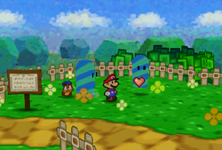 Mario finding Hearts spawning from a left Candy Cane in Pleasant Path of Paper Mario.