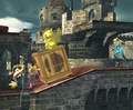 Wario being hit by a Rolling Crate in Super Smash Bros. Brawl