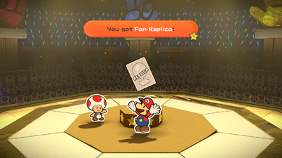 Mario winning a Thing Replica Battle Card after winning the third round in Roshambo Temple of Paper Mario: Color Splash.