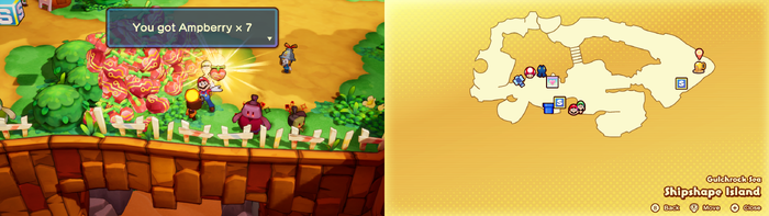 Mario being given Ampberries by Dr. Vulko on Shipshape Island of Mario & Luigi: Brothership.