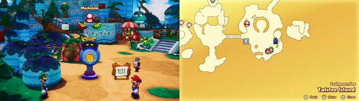 Mario and Luigi being given a Mushroom by the Concordia Hammer-Rally machine on Twistee Island of Mario & Luigi: Brothership.