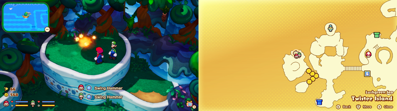Mario and Luigi near a Sprite Bulb Nest on Twistee Island of Mario & Luigi: Brothership.