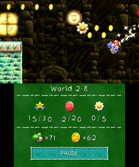 Smiley Flower 1: In the room reveled by hitting a hidden Winged Cloud that spawns a pink door, just before the green Flatbed Ferries. This Winged Cloud is hinted by an arrow sign above pointing directly at it. Blue Yoshi must become Super Yoshi and leap off a wall to obtain it.