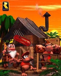Artwork of Donkey Kong, Diddy Kong, and Cranky Kong outside of Cranky's Cabin