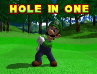 Luigi scoring a Hole in One in Mario Golf: Toadstool Tour.