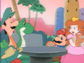 Princess Toadstool scolding Luigi and Yoshi about trading their treasure chest for food.