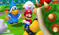 Mario is cornered by Bowser, Magikoopa, Dry Bones and Boo