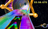 Shy Guy about to enter the spinning tube of Rainbow Road in Mario Kart 7