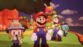 Connie, Mario, Luigi, and Snoutlet watching Fortress Zokket gain a barrier