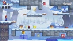 Screenshot of Slippery Summit Plus level 6-4+ from the Nintendo Switch version of Mario vs. Donkey Kong