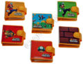 Super Mario-themed NDS game card holders that include Mario, Luigi, a background of an overworld level, Bowser Jr., a Brick Block, and a 1-Up Mushroom
