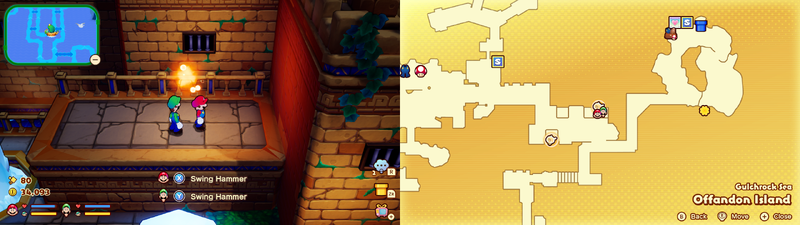 Mario and Luigi near a Sprite Bulb Nest on Offandon Island of Mario & Luigi: Brothership.