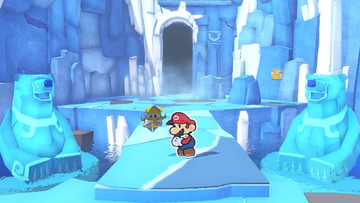 Mario and Olivia shivering at the entrance to the Ice Vellumental's Mountain in Paper Mario: The Origami King.