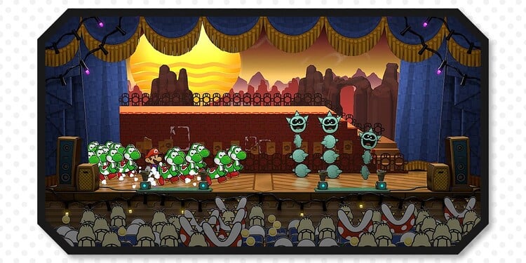 Image of a battle at Riverside Station shown with the sixth question of the Paper Mario Personality Quiz.