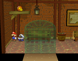 Mario near the Close Call P badge in Riverside Station of Paper Mario: The Thousand-Year Door.