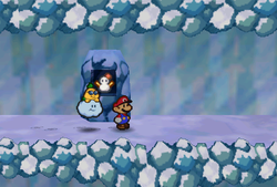 Mario finding Snowman Doll on Shiver Mountain of Paper Mario.