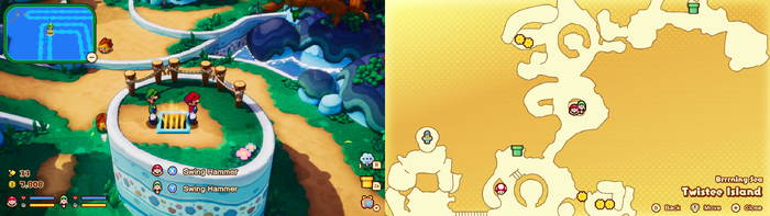 Mario and Luigi near a vent containing 20 Five Coins on Twistee Island of Mario & Luigi: Brothership.