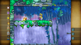 Wario near the golden enemy of Riverbloat Rapids