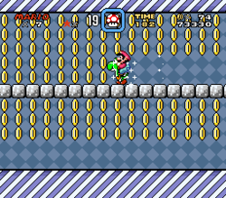 Mario and Yoshi collecting coins in the Yellow Switch Palace of Super Mario World.