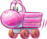 Artwork of a Yoshi minecart transformation, from Yoshi's New Island.