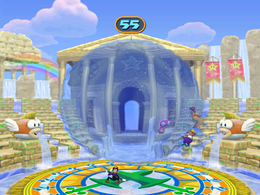Wario getting knocked out of the bubble in Bubble Brawl from Mario Party 7
