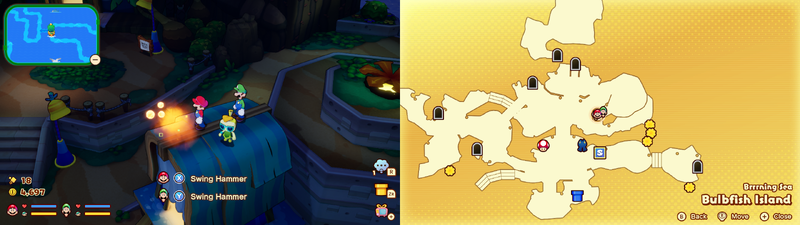 Mario and Luigi near a Sprite Bulb Nest on Bulbfish Island of Mario & Luigi: Brothership.