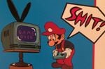 Mario shouting an expletive, from the booklet of the soundtrack CD for Super Mario Bros.: Peach-hime Kyushutsu Dai Sakusen!.