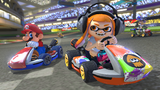 Mario, Bowser, and Orange and Blue Inklings in Mario Kart Stadium