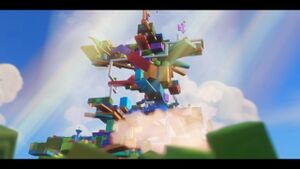 Rabbid Kong's toy block tower in Ancient Gardens