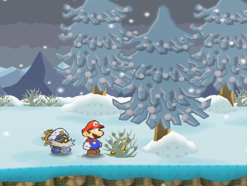 Mario getting the Star Piece in a clump of grass in Fahe Outpost's path in Paper Mario: The Thousand-Year Door.