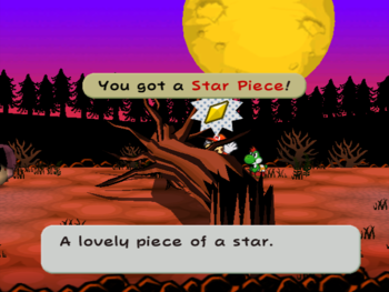 Mario getting the Star Piece behind the fallen tree in Twilight Trail in Paper Mario: The Thousand-Year Door.