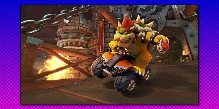 Mario Kart 8 Deluxe artwork of Bowser driving at Bowser's Castle. This image is shown after answering the fifth question in the Terrifying trivia with Nintendo ghosts skill quiz.