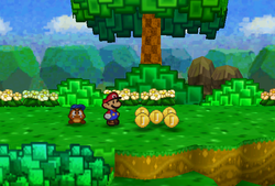 Mario finding 5 Coin in Pleasant Path of Paper Mario.