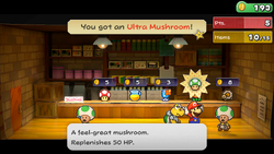 Mario getting an Ultra Mushroom from Plenn T. in Paper Mario: The Thousand-Year Door for Nintendo Switch.