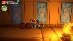 Mario standing near two vases, with one containing a Big Bag of Confetti in Temple of Shrooms of The Origami King.