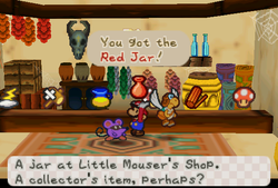 Mario receiveing Red Jar from the owner of the Little Mouser's Shop in Dry Dry Outpost of Paper Mario.