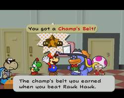 Mario getting the Champ's Belt from Grubba in Glitz Pit of Paper Mario: The Thousand-Year Door.