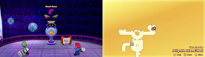 Mario and Luigi getting a Heart Bean from the Concordia Hammer-Rally machine on Jellyfish Island from Mario & Luigi: Brothership.
