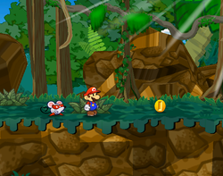 Mario getting a Coin from a bush in Keelhaul Key of Paper Mario: The Thousand-Year Door.