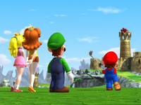Mario, Luigi, Peach, and Daisy witness a fortress in the distance near the climax of the opening cinematic.